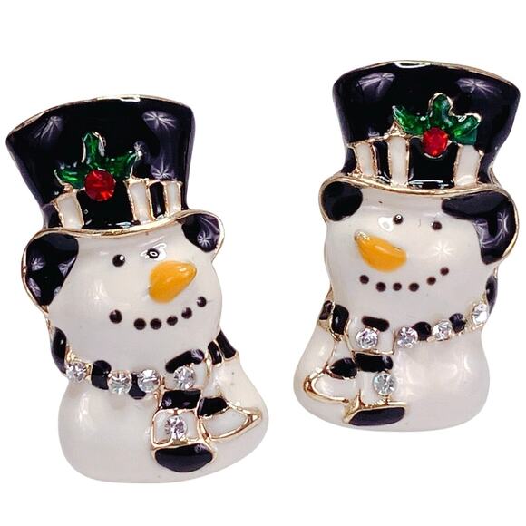 Vintage Jewelry - Festive Snowman Clip On Earrings Enamel Rhinestone Retro Cute Christmas Jewelry